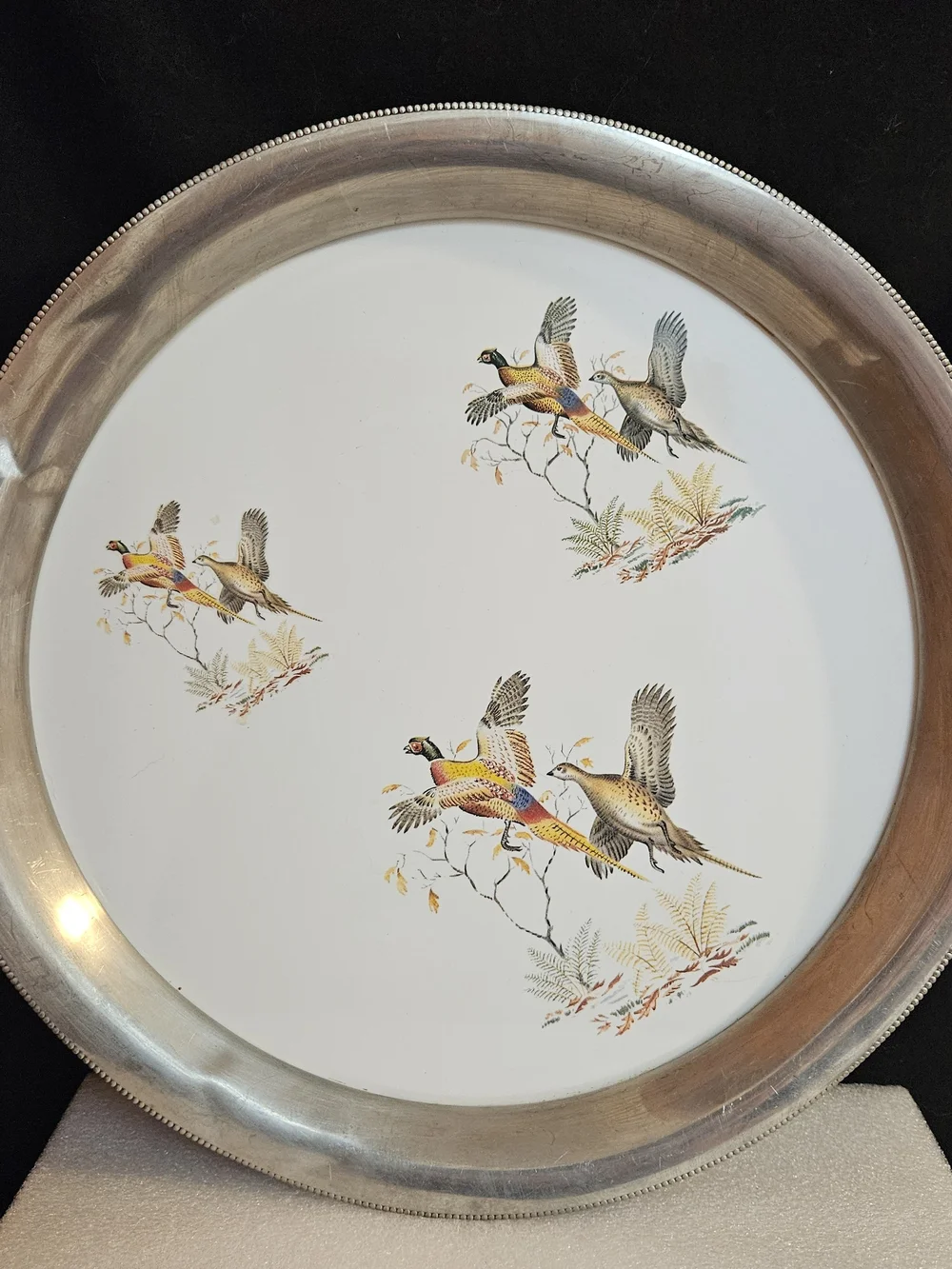 Vintage Revere Pewter & Porcelain Serving Tray ~ Pheasants ~ 13”